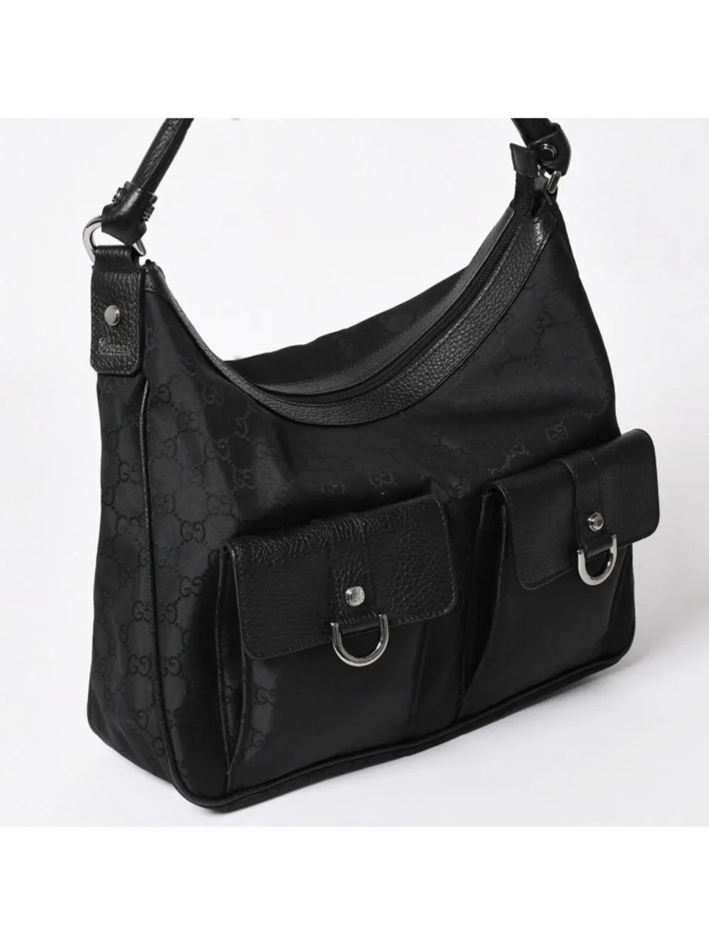 Gucci Hobo Handbag GG Canvas Leather Black Silver